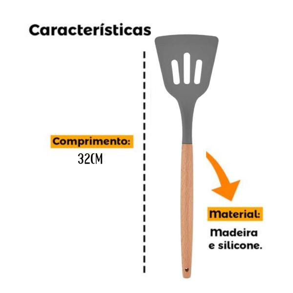 Imagem de Jogo de Utensílios Cozinha Silicone Cabo Madeira Conjunto Kit 3 Peças