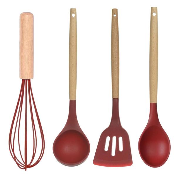 Imagem de Jogo de Utensílios Cozinha Silicone Cabo Madeira Conjunto Kit 4 Peças