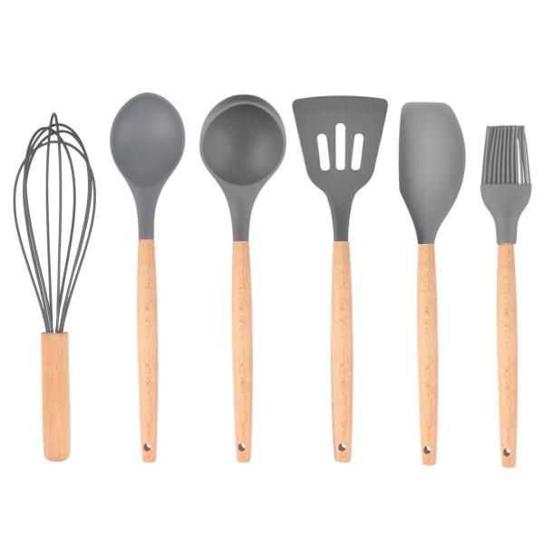 Imagem de Jogo de Utensílios Cozinha Silicone Cabo Madeira Conjunto Kit 6 Peças