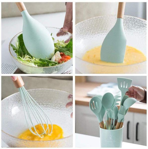 Imagem de Jogo de Utensílios de Cozinha em Silicone e Madeira 12 peças - VERDE