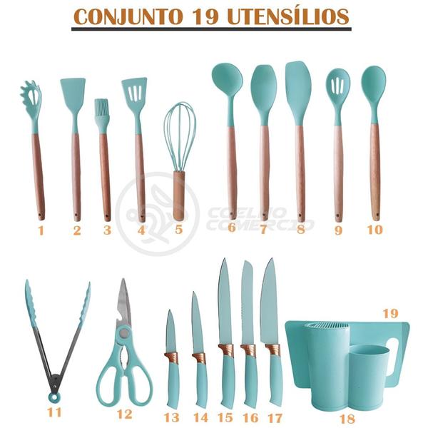 Imagem de Jogo de Utensílios para Cozinha 19 Peças em Silicone com Cabos de Madeira e Suporte Oval - Ciano