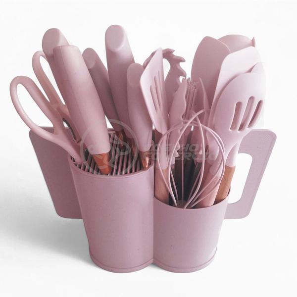 Imagem de Jogo de Utensílios para Cozinha 19 Peças em Silicone com Cabos de Madeira e Suporte Oval - Rosa