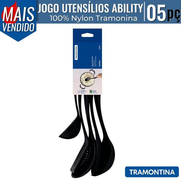 Imagem de Jogo de Utensílios Tramontina Ability Nylon 5 Peças Preto Cozinha Escumadeira