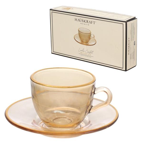 Jogo de Xícara para Café Menfis em Cristal Ambar com Borda Dourada 85ml - Hauskraft Imagem de Jogo de Xícara para Café Menfis em Cristal Ambar com Borda Dourada 85ml - Hauskraft