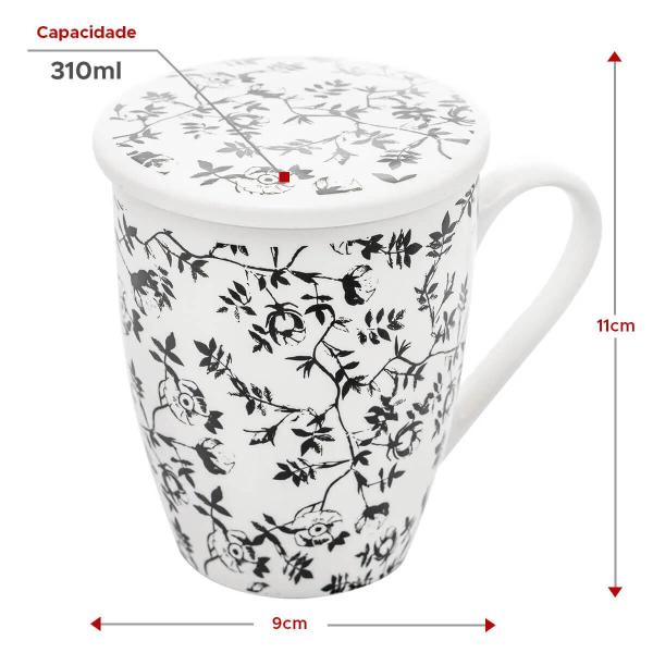 Imagem de Jogo de Xícaras de Porcelana 12 Canecas com Infusor de Chá e Tampa 310ml Tiny Flowers Lyor