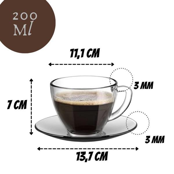 Imagem de Jogo De Xícaras E Pires Em Vidro 12peças Para Chá Café 200ml