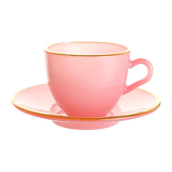 Imagem de Jogo de Xícaras para Café Matte com Pires em Cristal Rosa com Borda Dourada 85ml 4 Peças - Hauskraft