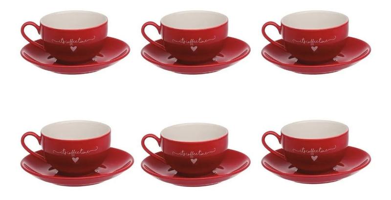 Imagem de Jogo De Xícaras Para Chá Café Grande 160 Ml 12 Peças Fina Porcelana Hauskraft  Cor Vermelho