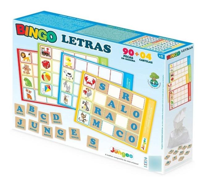 Imagem de Jogo Educativo Bingo Letras Madeira 90 Peças Infantil Junges