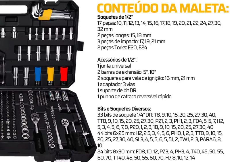 Jogo Ferramentas 222 Peças Bits Soquetes Chaves Com Maleta - Jogo