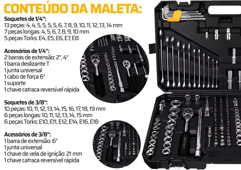Jogo Ferramentas 222 Peças Bits Soquetes Chaves Com Maleta - Jogo