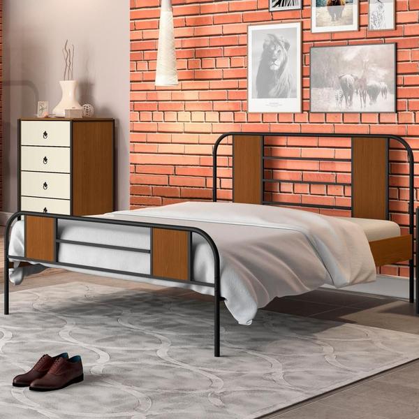 Imagem de Jogo Gaveteiro e Cama Casal Iron Vintage Preto Canela Off White