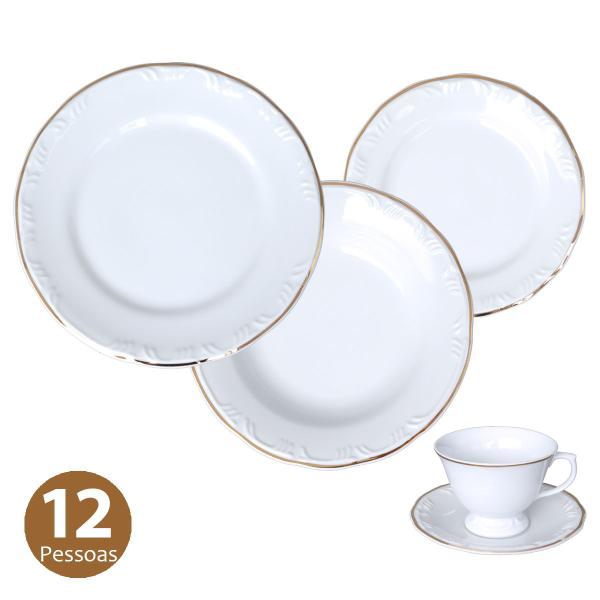 Jogo Jantar Chá 60 Peças Pomerode Filete Ouro Schmidt 12 Pessoas - Porcelanas Schmidt Imagem de Jogo Jantar Chá 60 Peças Pomerode Filete Ouro Schmidt 12 Pessoas