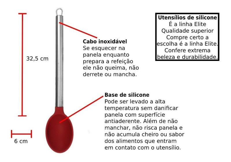 Imagem de Jogo Kit 10 Peças Colher Silicone Cabo Inox Cozinha Elite