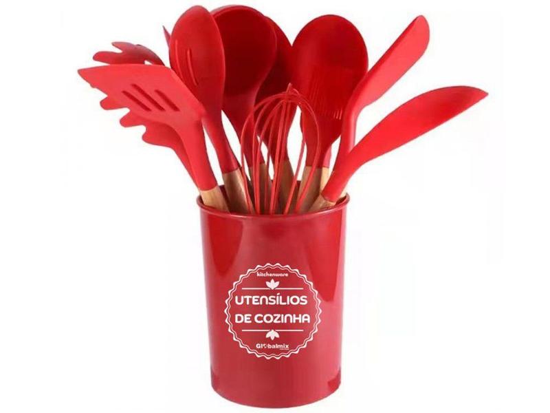 Imagem de Jogo Kit 12 Utensílios de Cozinha em Silicone Cabo Madeira Colher Pegador Concha Espátula Vermelho