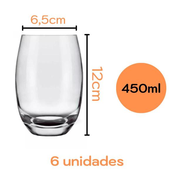 Imagem de Jogo Kit 6 Copos Vidro Oval Drink Água Suco 450ml Resistente