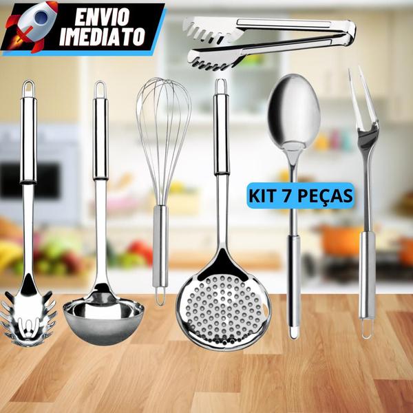 Imagem de Jogo Kit 7 Utensílios de Cozinha 100% Aço Inox - Concha Escumadeira Colher Pegador Massa Pegador Universal Garfo e Fuet