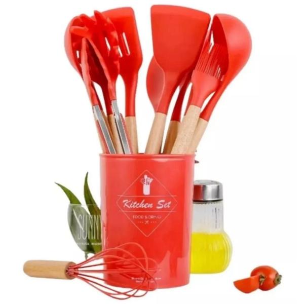 Imagem de Jogo Kit Com 12 Peças Utensílios De Cozinha Colheres Espatulas Pegador Silicone Copo Suporte