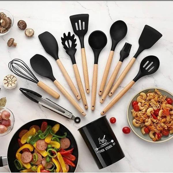 Imagem de Jogo Kit Com 12 Peças Utensílios De Cozinha Colheres Espatulas Pegador Silicone Copo Suporte