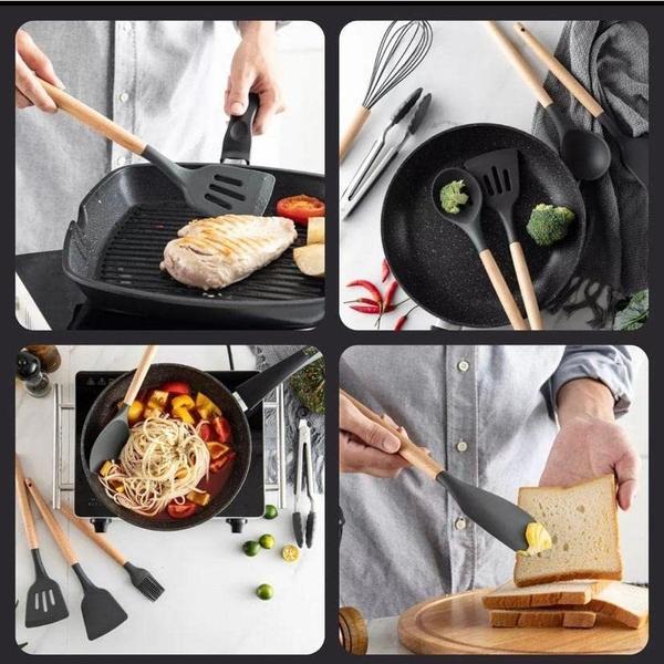 Imagem de Jogo Kit Com 12 Peças Utensílios De Cozinha Colheres Espatulas Pegador Silicone Copo Suporte