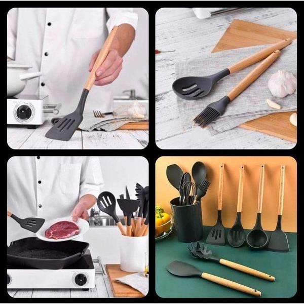 Imagem de Jogo Kit Com 12 Peças Utensílios De Cozinha Colheres Espatulas Pegador Silicone Copo Suporte