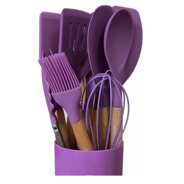 Imagem de Jogo Kit Com 12 Peças Utensílios De Cozinha Colheres Espatulas Pegador Silicone Copo Suporte