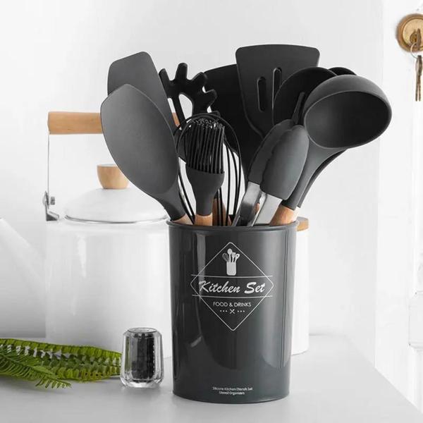 Jogo Kit Com 12 Peças Utensílios De Cozinha Colheres Espatulas Pegador Silicone Copo Supor...