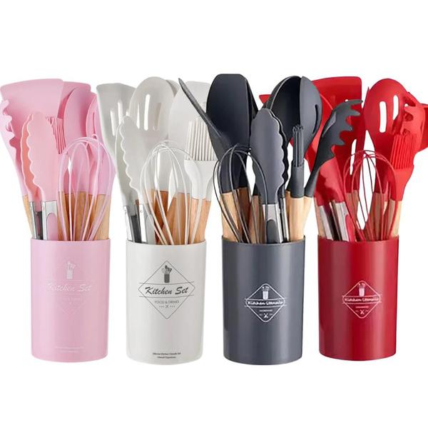 Imagem de Jogo Kit Com 12 Peças Utensílios De Cozinha Colheres Espatulas Pegador Silicone Copo Suporte