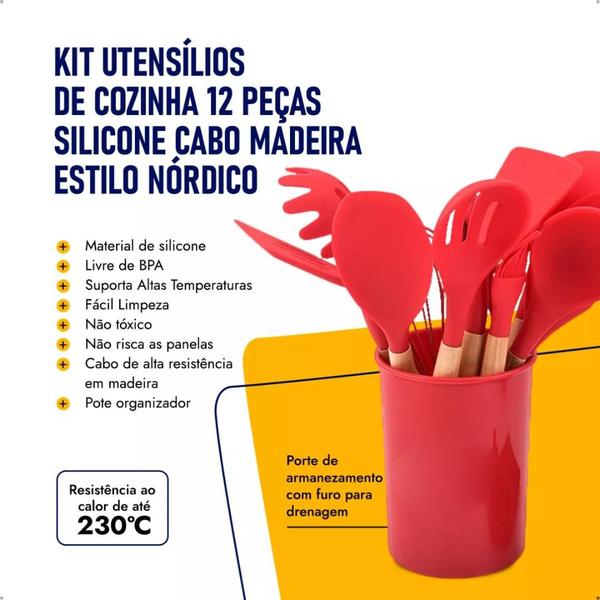 Imagem de Jogo Kit Com 12 Peças Utensílios De Cozinha Colheres Espatulas Pegador Silicone Copo Suporte