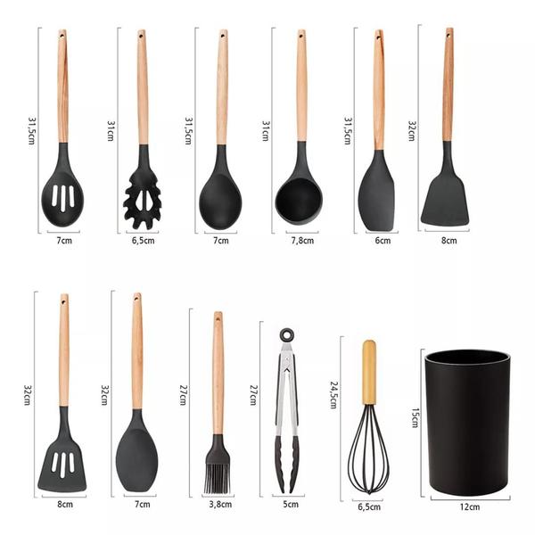 Imagem de Jogo Kit Com 12 Peças Utensílios De Cozinha Colheres Espatulas Pegador Silicone Copo Suporte