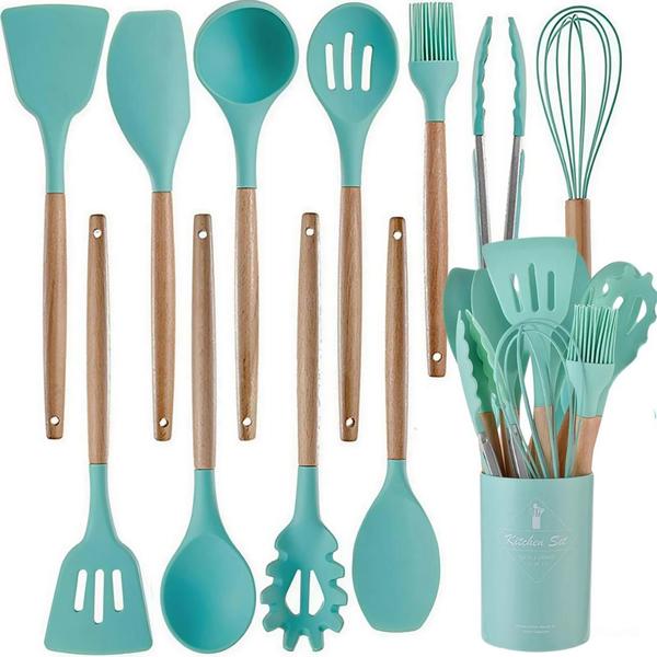 Imagem de Jogo Kit Com 12 Peças Utensílios De Cozinha Colheres Espatulas Pegador Silicone Copo Suporte