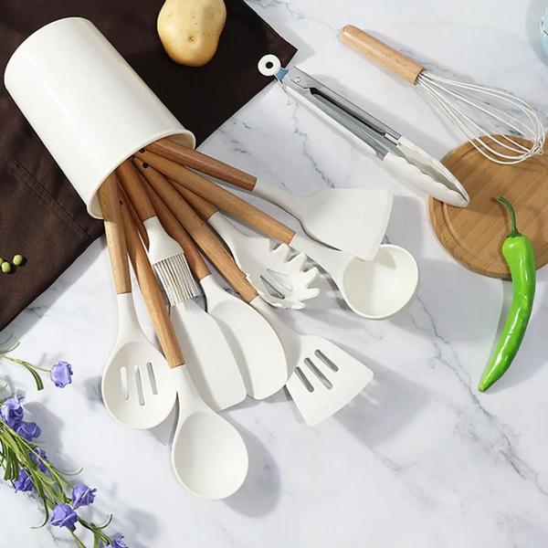 Imagem de Jogo Kit Com 12 Peças Utensílios De Cozinha Colheres Espatulas Pegador Silicone Copo Suporte