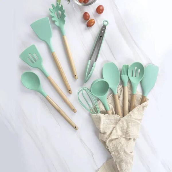 Imagem de Jogo Kit Com 12 Peças Utensílios De Cozinha Colheres Espatulas Pegador Silicone Copo Suporte