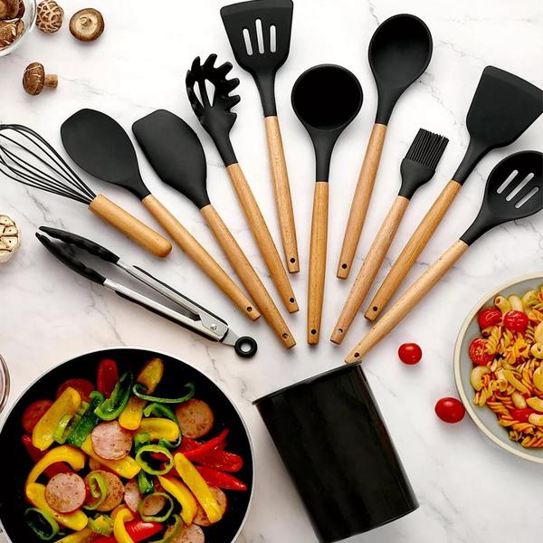 Imagem de Jogo Kit Com 12 Peças Utensílios De Cozinha Colheres Espatulas Pegador Silicone Copo Suporte