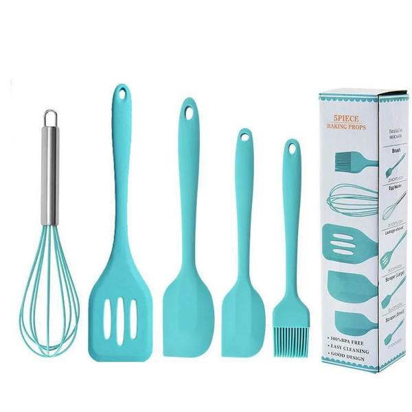 Imagem de Jogo Kit Com 5 Peças Talheres Utensílios De Cozinha Em Silicone Colher Espátula Livre BPA