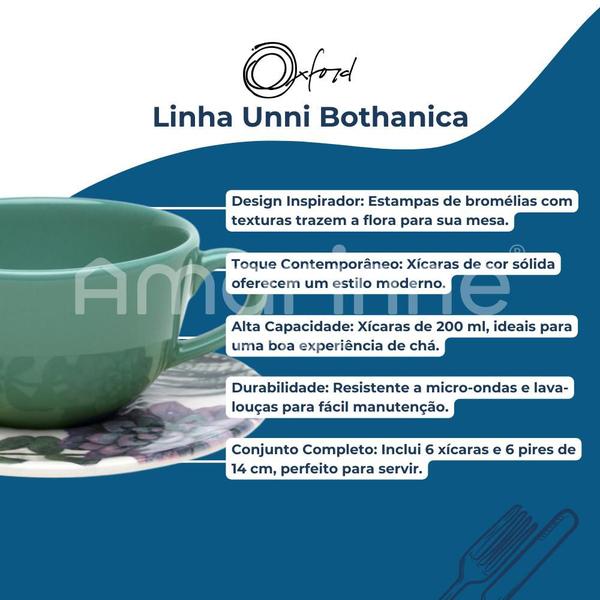 Imagem de Jogo Kit De 6 Xícaras De Chá Café Com Pires 200ml Unni Bothanica Oxford