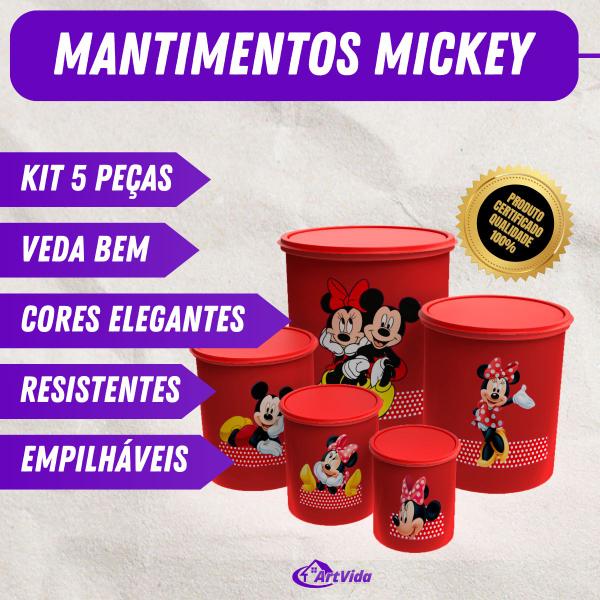 Imagem de Jogo Kit Potes Mantimentos Decorado Mickey Minnie Disney - Feitos de Plástico Resistente - Rosa, Preto, Branco, Vermelho - ArtVida