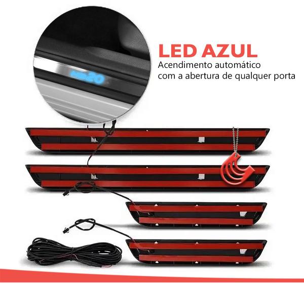 Imagem de Jogo Kit Soleiras 4 Portas HB20 HB20X 12 A 22  Protetora Iluminada Luz Led com Aço Escovado Adesiva