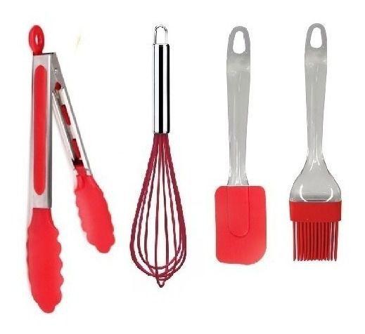 Imagem de Jogo Kit Utensílios Colheres Silicone Vermelho 15 Peças Cozinha Utensílios Tampa