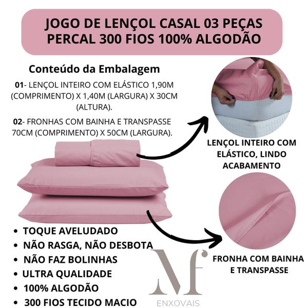 Imagem de Jogo Lençol de Cama Casal 03 peças PREMIUM Percal 300 Fios 100% Algodão 30CM Altura