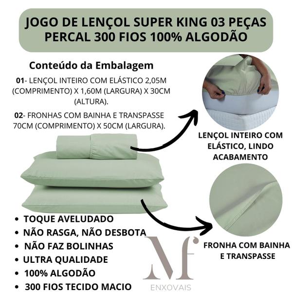 Imagem de Jogo Lençol de Cama King 03 peças PREMIUM Percal 300 Fios 100% Algodão 30CM Altura