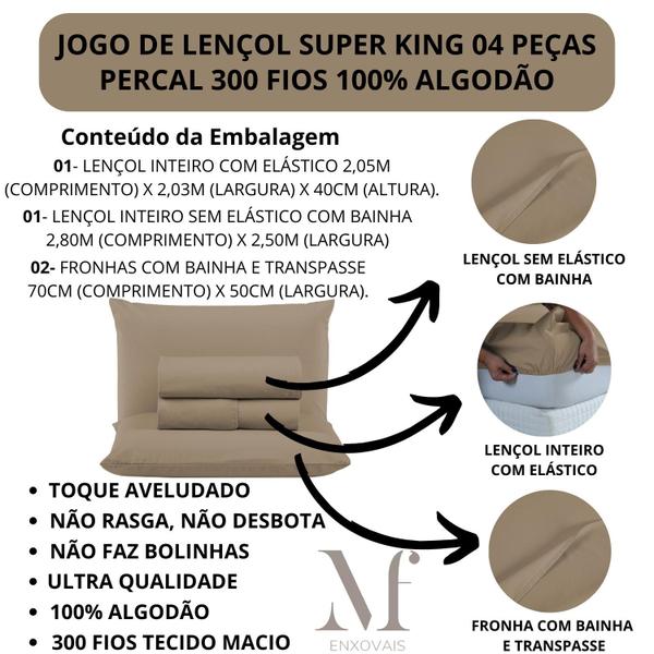 Imagem de Jogo Lençol de Cama King Size 04 peças PREMIUM Percal 300 Fios 100% Algodão 30CM Altura