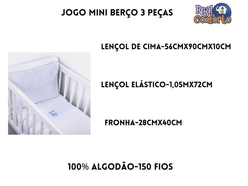 Imagem de Jogo Lençol Mini Berço Azul 100% Algodão Kit 3 Peças 150 Fios Bordado Enxoval Bebe Recém Nascido