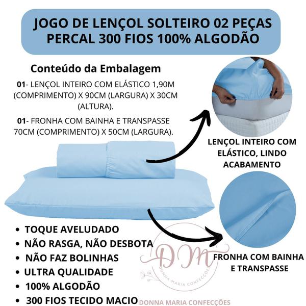 Imagem de Jogo Lençol Solteiro Algodão 2 Peças Percal 300 Fios Infantil Menino Menina Cama Box