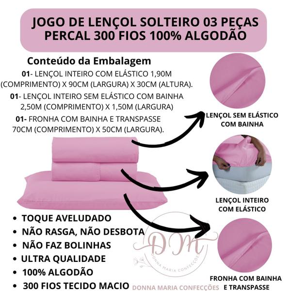 Jogo Lençol Solteiro Algodão 3 Peças Percal 300 Fios Infantil Menino Menina Cama Box - DONNA MARIA Imagem de Jogo Lençol Solteiro Algodão 3 Peças Percal 300 Fios Infantil Menino Menina Cama Box