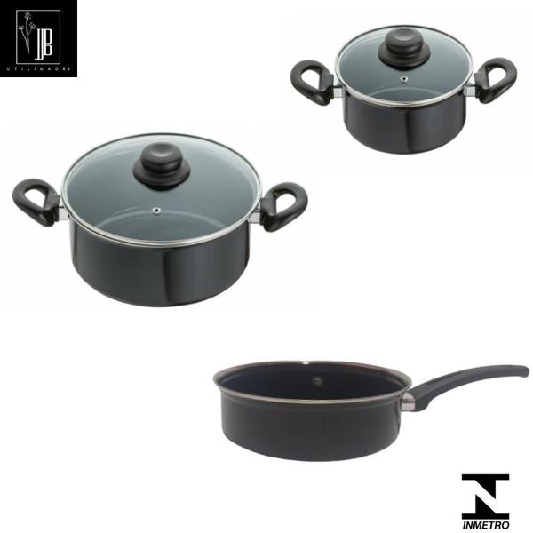 Imagem de Jogo Panelas 3 Pçs Preto Indução Cooktop Elétrico Á Gás