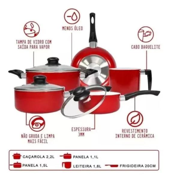 Imagem de Jogo Panelas 5pçs Caçarola Antiaderente Roma Ceramica Vermelha