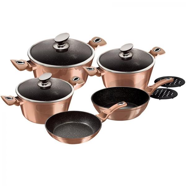 Imagem de Jogo Panelas Antiaderente 10 peças Frigideiras Caçarolas Tampas Vidro Indução Cooktop Presente Cozinha  Rose Gold Berlinger Haus