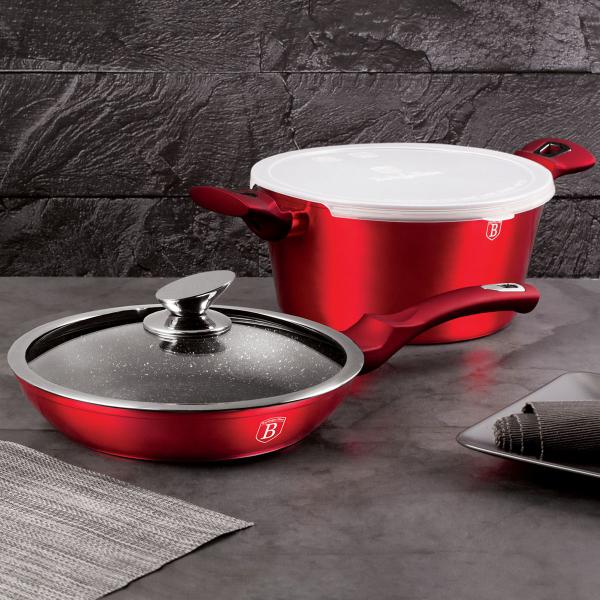 Imagem de Jogo Panelas caçarola frigideira 4pçs Burgundy Berlinger Haus Forno Fogão Cooktop Indução Cozinha Tampa de Vidro