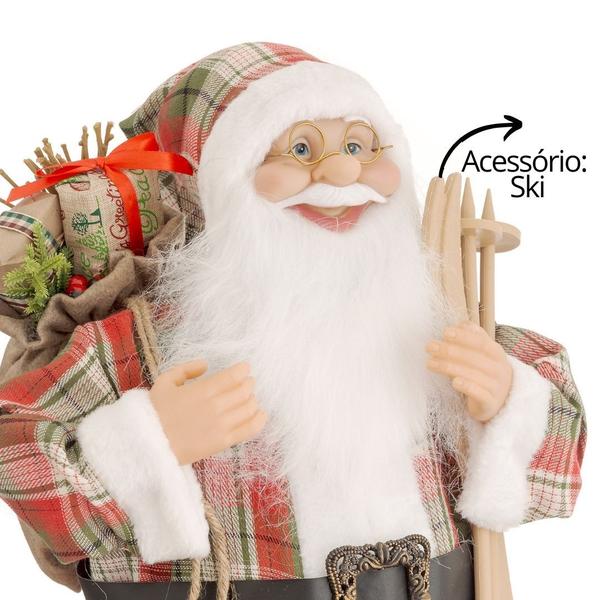 Imagem de Jogo Papai Noel Decor Casaco Xadrez Em pé e Sentado Saco de Presentes e Ski 60cm e 45cm - Bela Flor